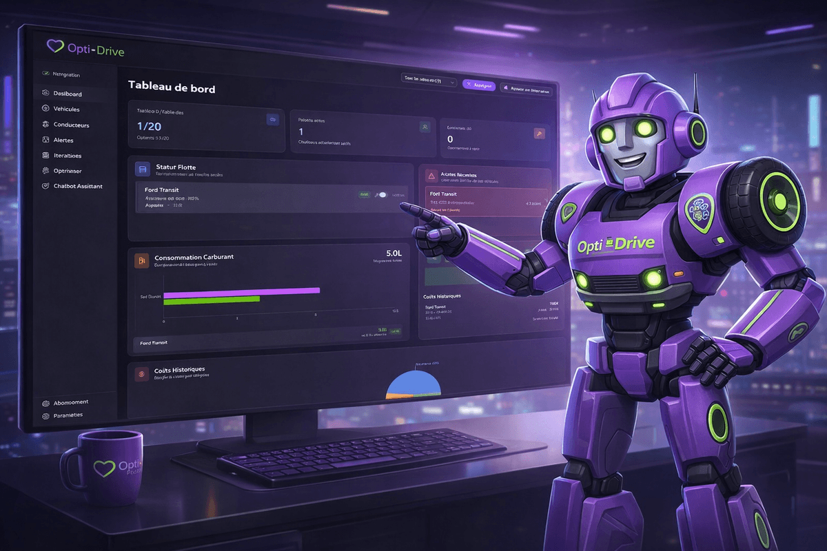 OptiDrive - Robot mascotte devant le tableau de bord de gestion de flotte complète