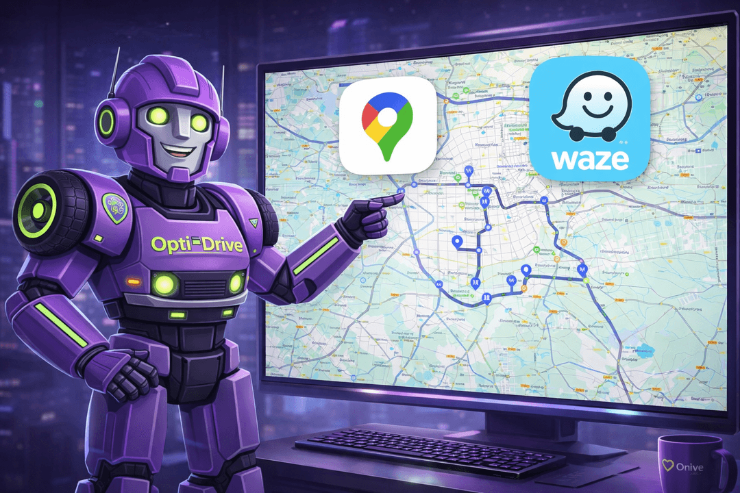 OptiDrive - Mascotte robot assistant IA avec bulle de dialogue montrant les économies de coûts et CO₂