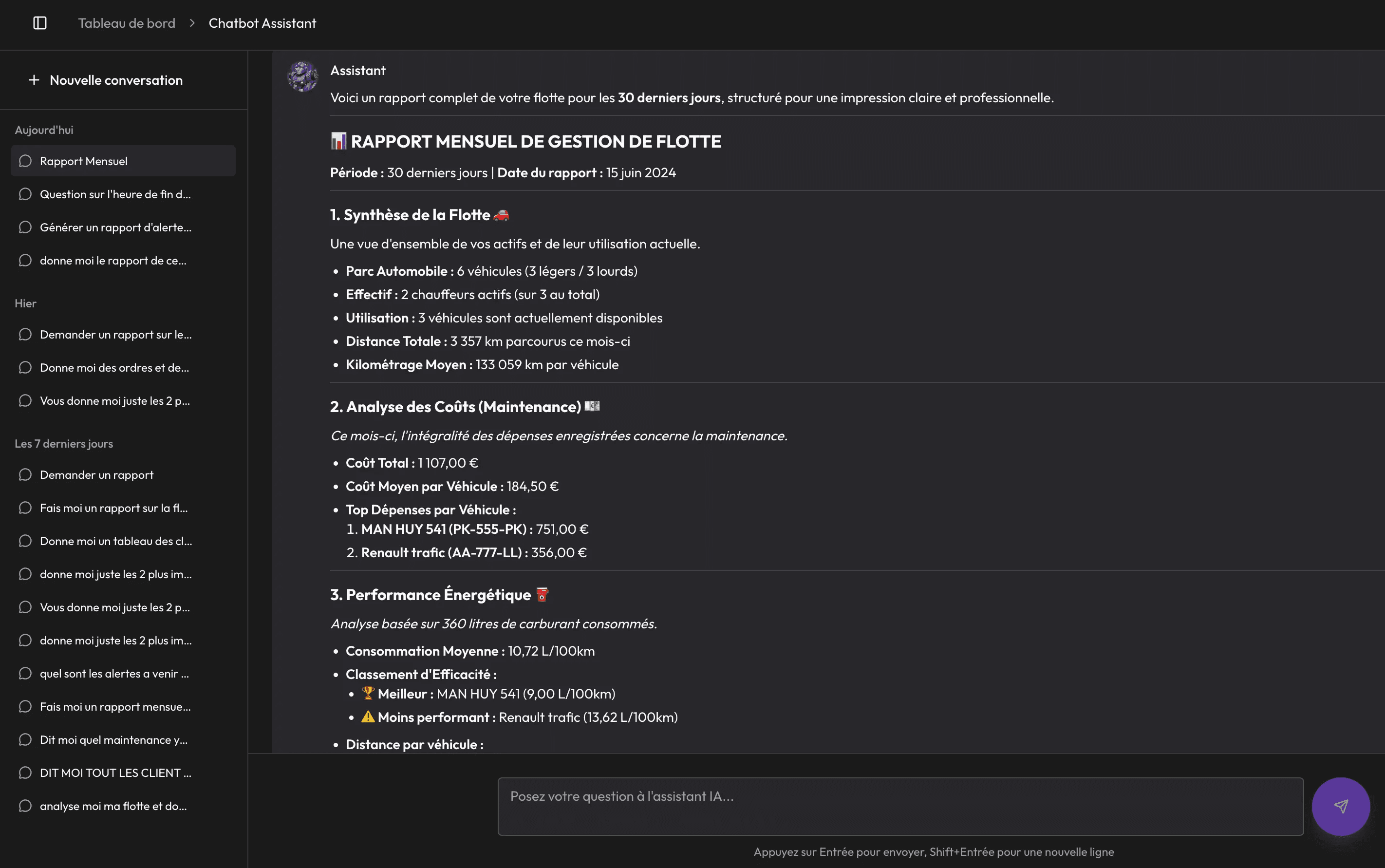 Assistant IA OptiDrive : rapport mensuel de flotte généré à partir d’une question